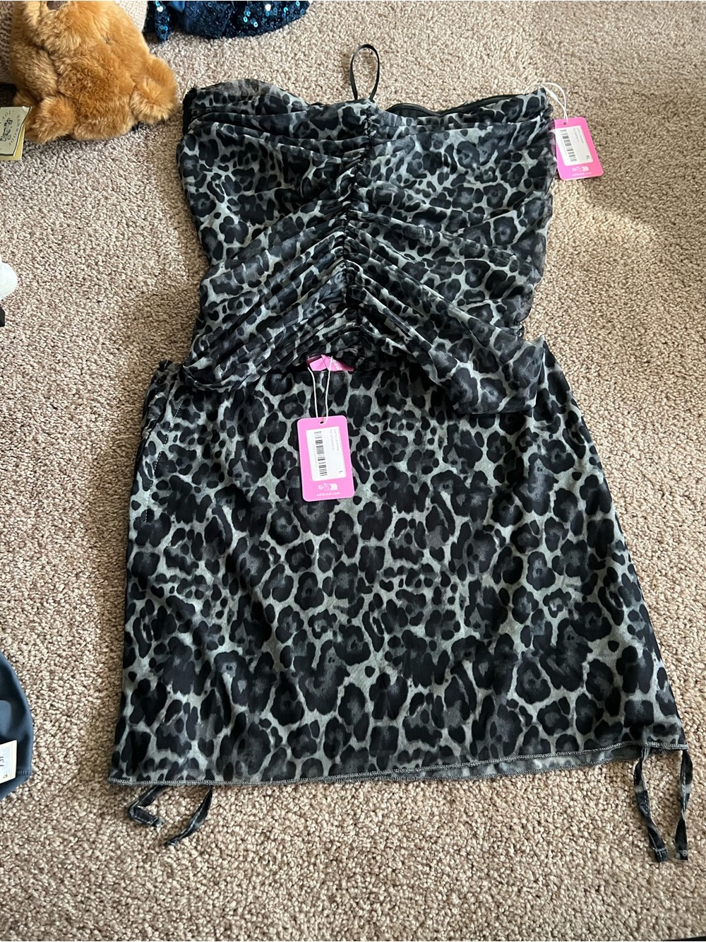 Edikted 2 Piece Leopard Mesh Set Ruched Top XL , Mini Skirt L NWT